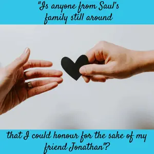 Photograph showing two hands against a plain background, one hand holding a small black heart shape and extending it toward the other open hand. Text in cursive font on blue bands above and below reads, "Is anyone from Saul’s family still around that I could honour for the sake of my friend Jonathan?"