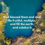 Aerial view of a lush landscape surrounding a deep blue lake, overlaid with the Bible verse Genesis 1:28 about being fruitful and filling the earth.