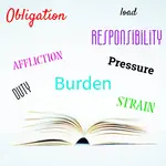 A book with synonyms for burden coming out of it (load, responsibility, obligation, affliction, duty, strain).
