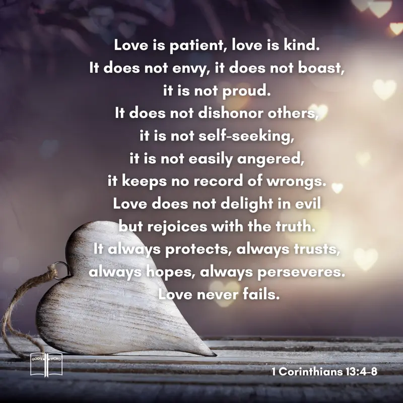 Love Is Patient – 1 Corinthians 13:4–8 Wooden heart with Bible verse from 1 Corinthians 13 about love being patient and kind.