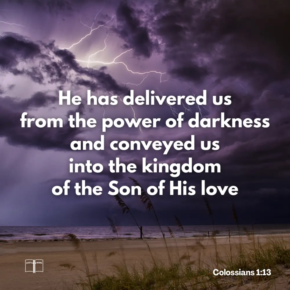 He has delivered us from the power of darkness and conveyed us into the kingdom of the Son of His love, in whom we have redemption through His blood, the forgiveness of sins, Colossians 1:13 Stormy sky with lightning over a beach, illustrating Colossians 1:13: 'He has delivered us from the power of darkness and conveyed us into the kingdom of the Son of His love.'