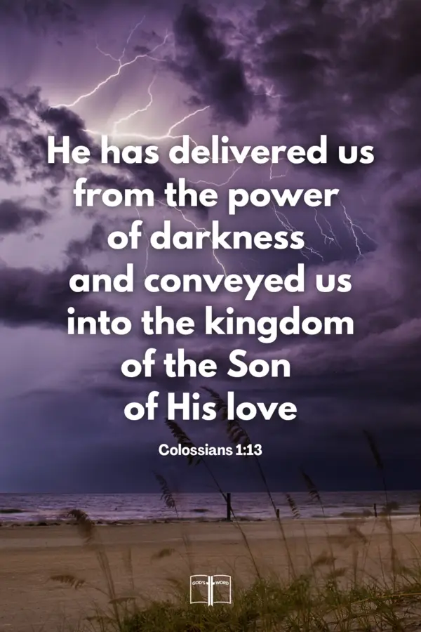 He has delivered us from the power of darkness and conveyed us into the kingdom of the Son of His love, in whom we have redemption through His blood, the forgiveness of sins, Colossians 1:13 Stormy sky with lightning over a beach, illustrating Colossians 1:13: 'He has delivered us from the power of darkness and conveyed us into the kingdom of the Son of His love.'