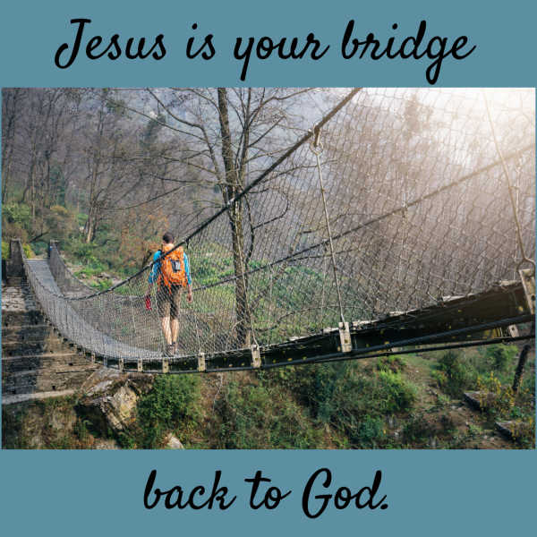 A photograph of a hiker crossing a suspension bridge above a wooded ravine. Blue bands frame black script reading “Jesus is your bridge back to God”.