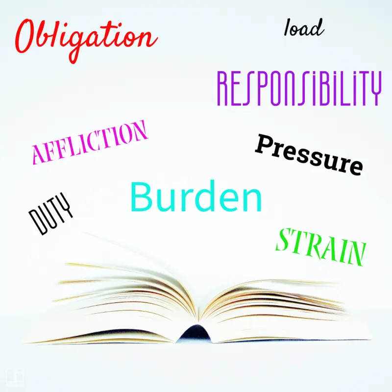 A book with synonyms for burden coming out of it (load, responsibility, obligation, affliction, duty, strain).